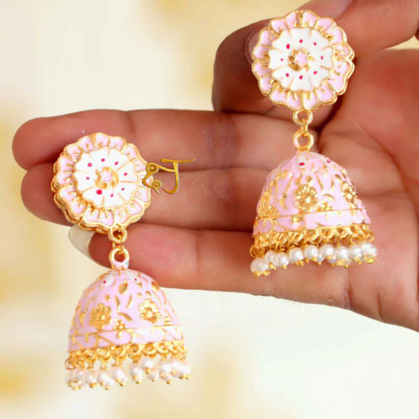 Flower Design Meenakari Jhumki Earrings |Everyday jhumka Earrings | - Image 2