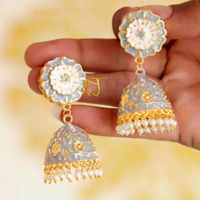 Flower Design Meenakari Jhumki Earrings |Everyday jhumka Earrings | - Image 3